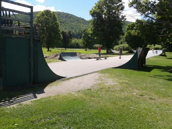 A long skatepark in Vermont. It goes on for like 1/4 mile. Odd ramps everywhere. 
